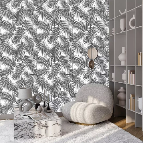 Tapete Schwarz-Weiß-Blätter im minimalistischen Stil