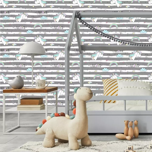 Tapete Streifenmuster mit Einhörnern