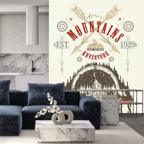 Sticker Im Freien Poster. Berge Tattoo Kunst, T-Shirt Design. Berge, Symbolreise, Tourismus, Extremsport und Klettern, Berge Tribal Style
