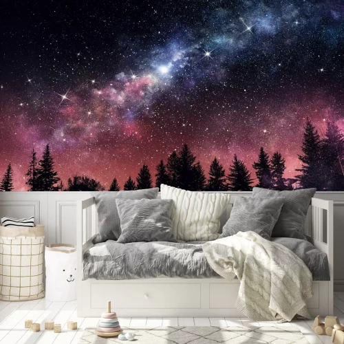 Fototapete Nachtlandschaft mit Wald und Sternen