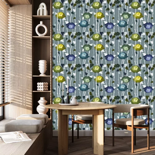 Tapete Rosen in Gr?n- und Dunkelblaut?nen