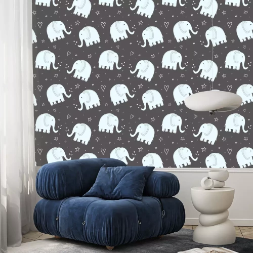 Tapete Blaue Elefantensterne und -herzen