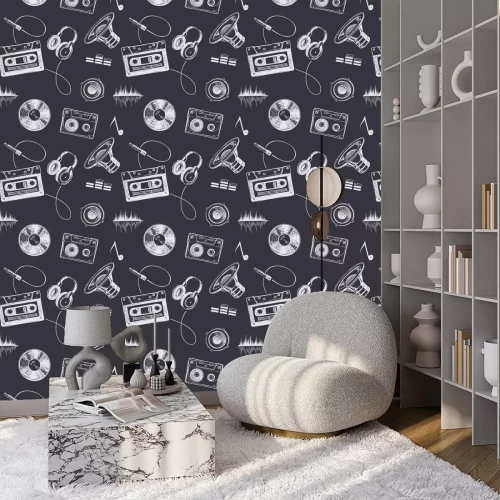 Tapete Nahtlose Muster mit Gekritzel Musik Euipment und Zubehör auf schwarzem Hintergrund