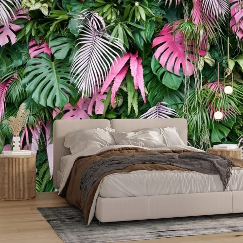 Fototapete Grüne und rosa tropische Blätter