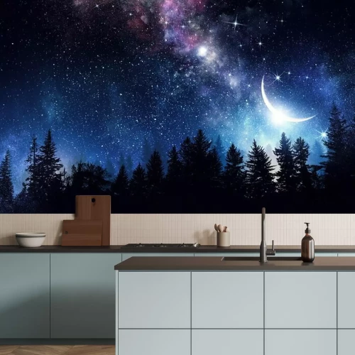 Fototapete Himmel mit Mond und Sternen über einem Wald