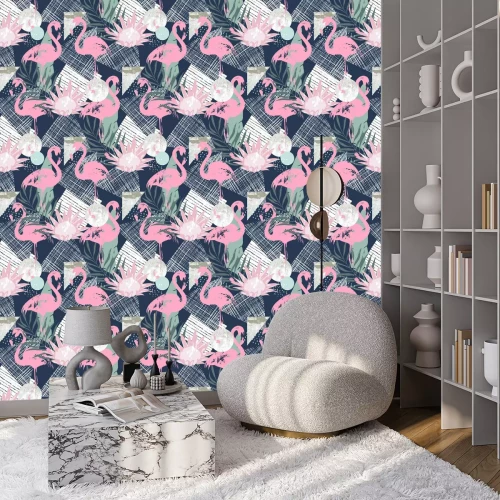 Tapete Flamingos und Blumenmotiv