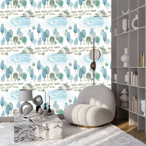 Tapete Nahtlose Muster von einem Fischerhaus und Garten. Landscape eines Waldes, See und See.Watercolor Hand gezeichnet illustration.White Hintergrund.