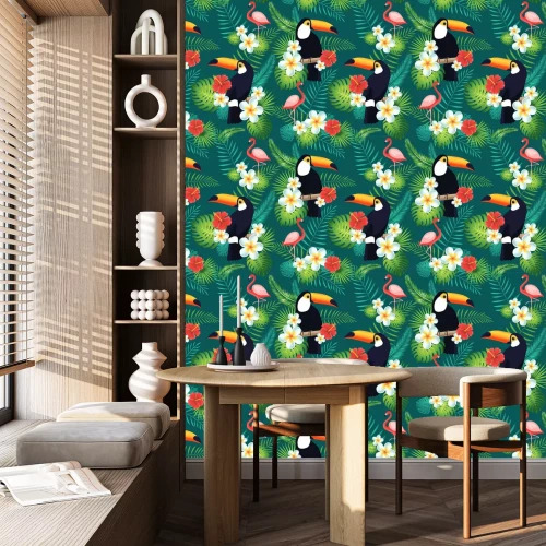 Tapete Tukane und Flamingos