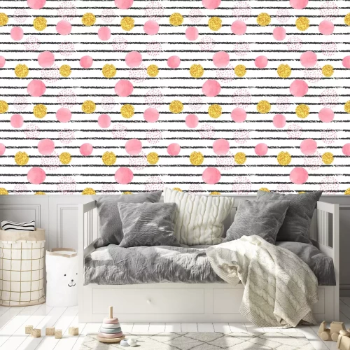 Tapete Muster mit rosa Punkten und schwarzen Streifen