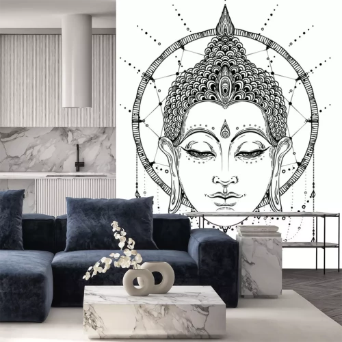 Sticker Buddha umgeben von schmuckähnlichen Mustern