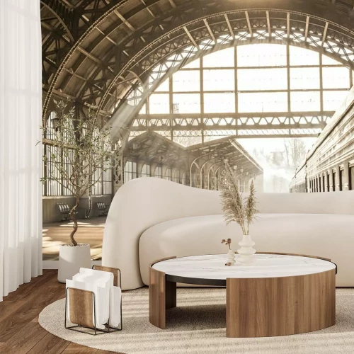 Fototapete Bahnhof Innen Sonnenuntergang Sonnenaufgang in Sepia. Wagen und Plattform mit Baudach Fahren Sie mit dem Zug auf der Bahn