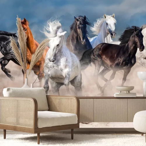 Fototapete Pferdeherde läuft im Wüstenstaubsturm