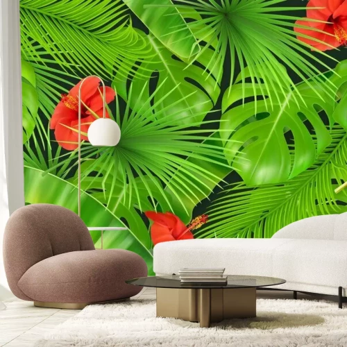 Fototapete Blätter und Blumen im Dschungel am Hintergrund