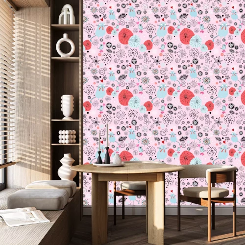 Tapete Blaue Katzen und Vögel