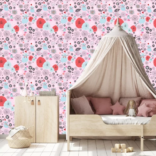 Tapete Blaue Katzen und Vögel