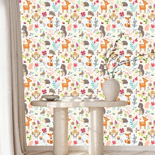 Tapete Bunte Waldtiere auf weißem Hintergrund