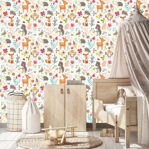 Tapete Bunte Waldtiere auf weißem Hintergrund