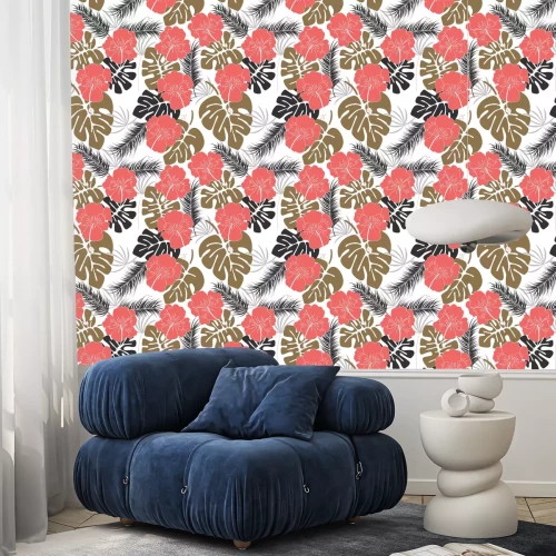 Tapete Nahtlose tropischen Muster mit monstera Blätter und Blumen auf weißem Hintergrund