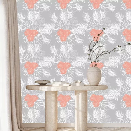 Tapete Sommer nahtlose tropischen Muster mit monstera Palmblätter und Pflanzen auf grauem Hintergrund