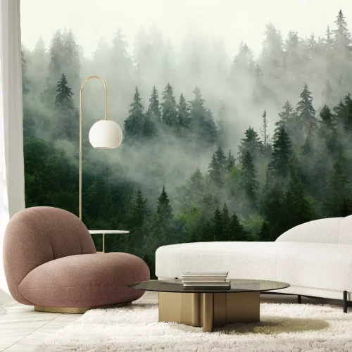 Fototapete Nebelhafte Landschaft mit Tannenwald in Hipster Vintage Retro-Stil