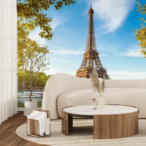 Fototapete Der Eiffelturm und ein Schiff auf der Seine