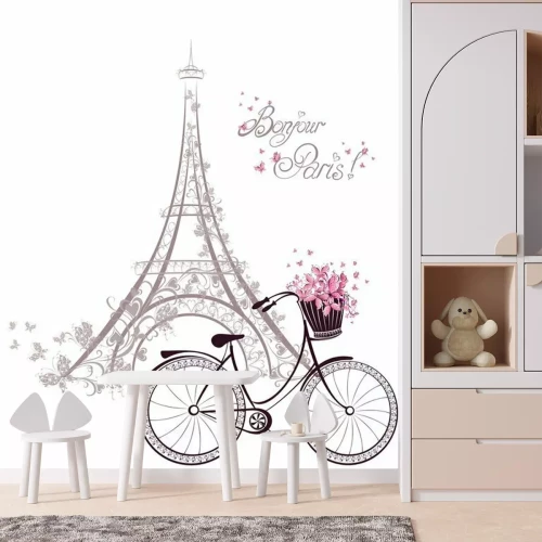 Sticker Bonjour Paris Text mit Eiffelturm und Fahrrad