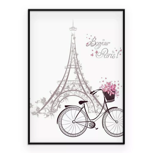 Poster Bonjour Paris Text mit Eiffelturm und Fahrrad