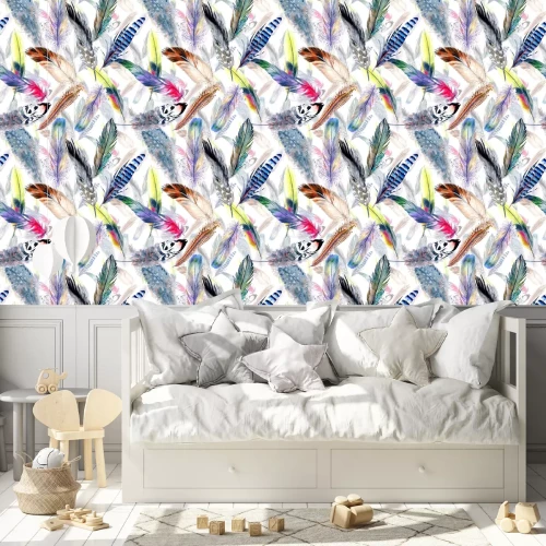 Tapete Bunte Federn mit Aquarellfarben gemalt