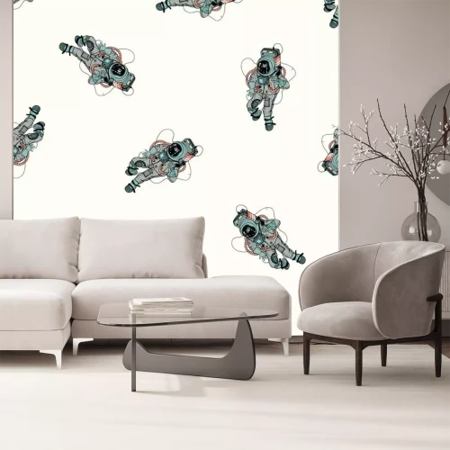 Fototapete Astronaut im Raumanzug nahtlose Muster. Kosmonaut im Raum auf weißem Hintergrund. Bunte Vektor-Illustration.