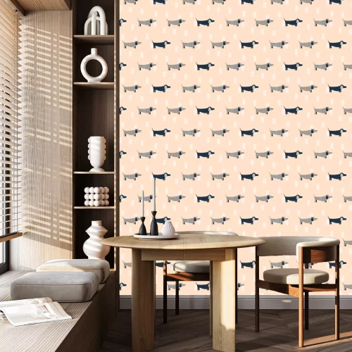 Tapete Gemusterte Hunde auf orangefarbenem Hintergrund