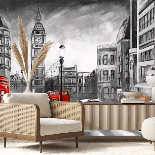 Fototapete Ölgemälde auf Leinwand, Blick auf die Straße von London. Kunstwerk. Big Ben. Paar und roter Regenschirm, Bus und Straße, Telefon. Schwarzes Auto - Taxi. England