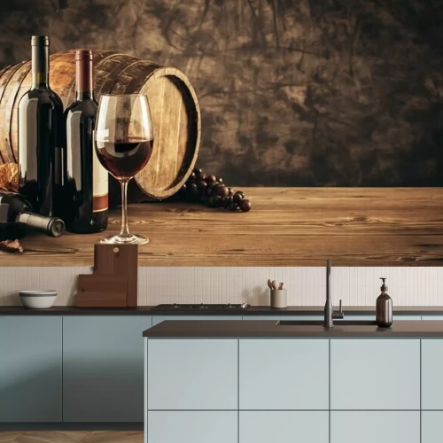 Fototapete Weinfässer und Probiergläser