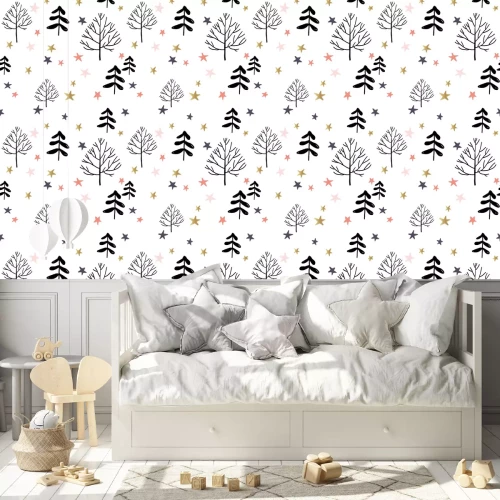 Tapete Bäume zwischen bunten Sternen