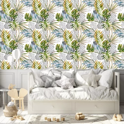 Tapete Monstera und Palmen mit abstrakten Ergänzungen