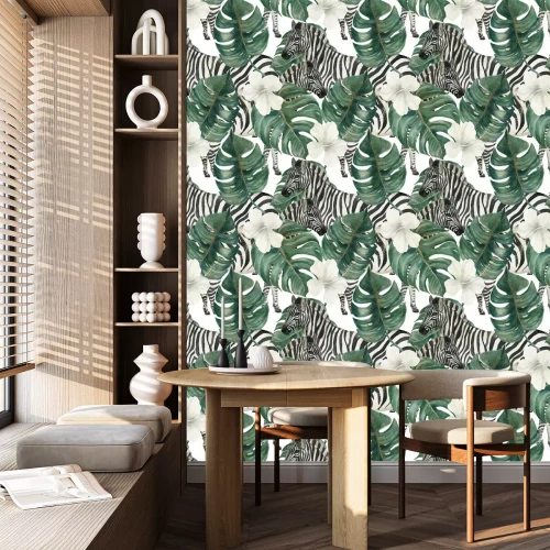 Tapete Aquarell-Zebras weiße Blumen und tropische Blätter