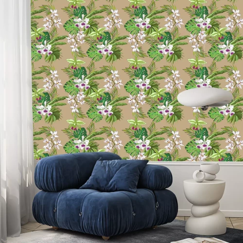 Tapete Nahtlose Vektor-Muster von exotischen Vektor gezeichneten Blumen und Blätter. Tropischer Hintergrund.