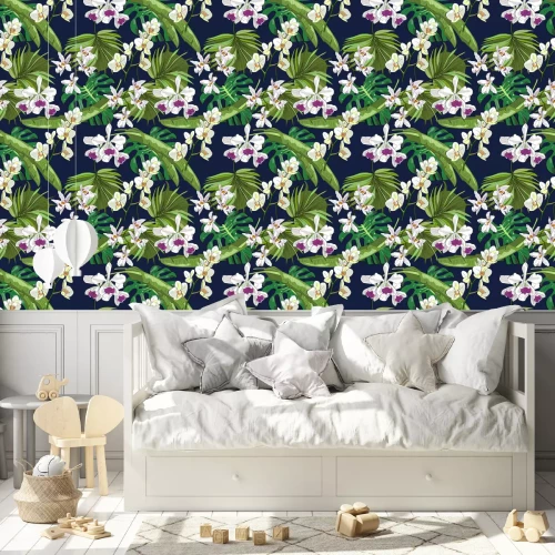 Tapete Nahtlose Vektor-Muster von exotischen Hand gezeichneten Blumen und Blätter. Tropischer Hintergrund.