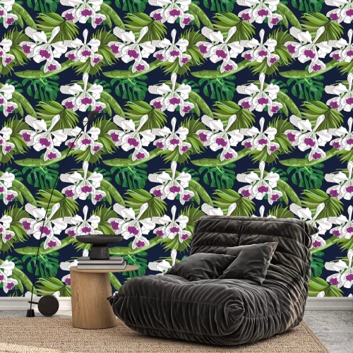 Tapete Nahtlose Vektor-Muster von exotischen Hand gezeichneten Blumen und Blätter. Tropischer Hintergrund.