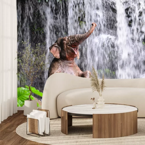 Fototapete Elefant und Wasserfall im Dschungel