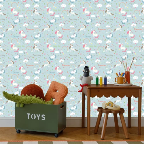 Tapete Einhörner Blümchen Regenbögen