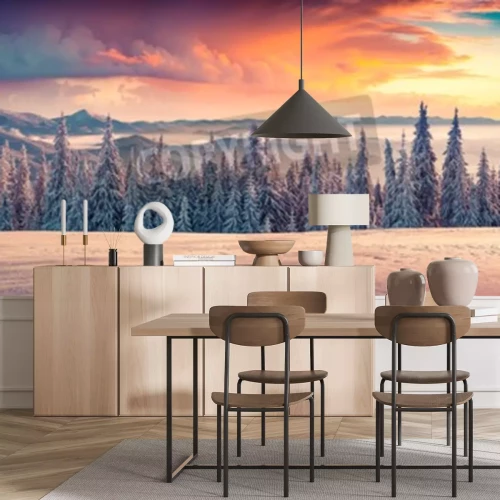 Fototapete Sonnenaufgang hinter Weihnachtsbäumen