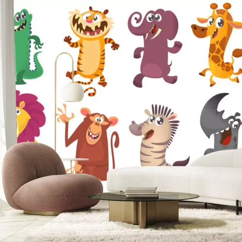 Sticker Cartoon tropischen Tier gesetzt. Set von Cartoon-Tiere Vektor-Illustration. Krokodil-Alligator, Tiger, Elefant, Giraffe, Löwe, Affe Schimpanse, Zebra und Nashorn