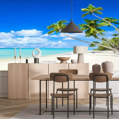 Fototapete Strand Panorama mit Meer und Palmen