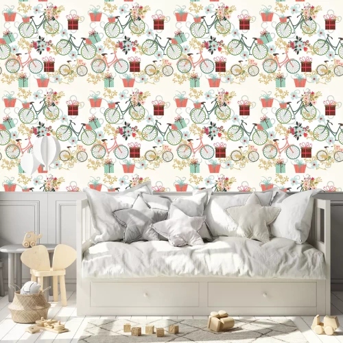 Tapete Floral Tapetenmuster mit Fahrrädern und Blumen