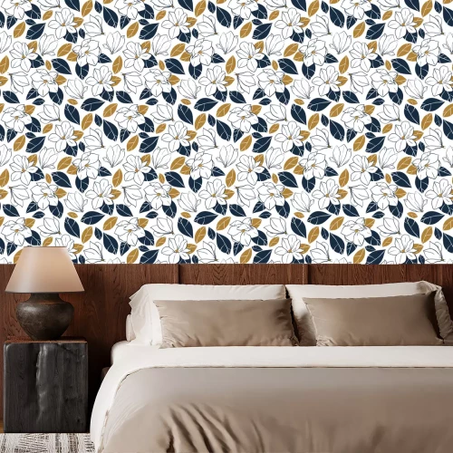 Tapete Vector trendy nahtlose Muster mit botanischen Elementen. Magnolienblumen, Knospen und Blätter in tiefblauen und Senffarben.