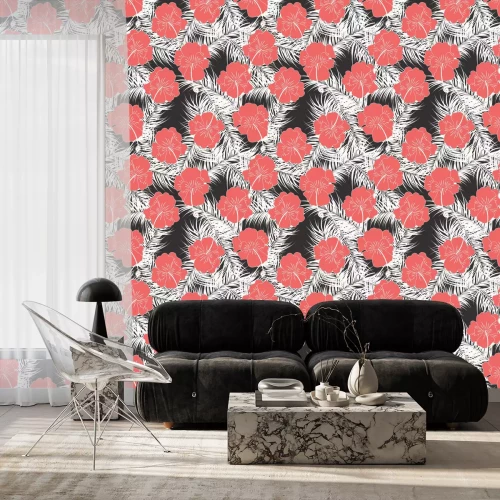 Tapete Nahtlose tropischen Muster mit weißen Blättern nad roten Blüten auf weißem Hintergrund