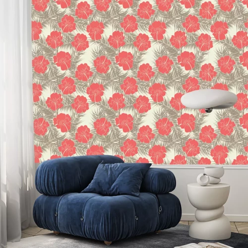 Tapete Nahtlose tropischen Muster mit braunen Blätter nad roten Blüten auf Vanille Hintergrund