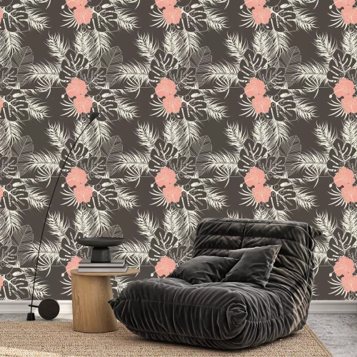 Tapete Sommer nahtlose tropischen Muster mit monstera Palmblätter, Pflanzen und Blumen auf braunem Hintergrund