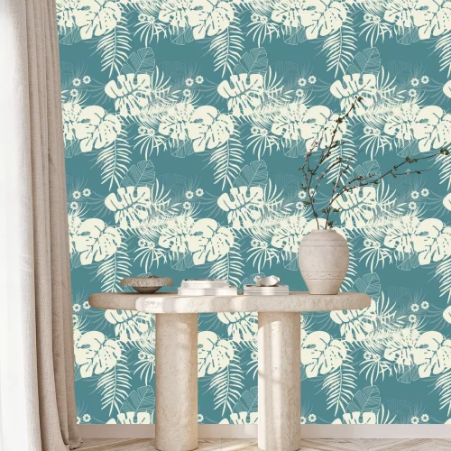 Tapete Sommer nahtlose tropischen Muster mit monstera Palmblätter und Pflanzen auf blauem Hintergrund