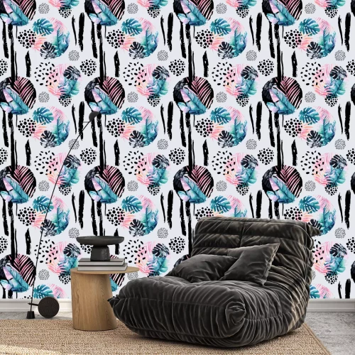 Tapete Abstrakt natürliche nahtlose Muster von Memphis-Stil inspiriert. Kreise gefüllt mit tropischen Blättern, Gekritzel, Grunge Textur, grobe Pinselstriche. Handgemalte Aquarellabbildung